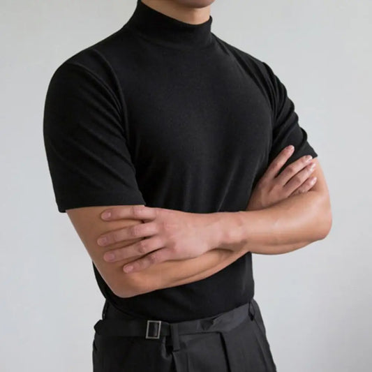 Men T-shirts Summer Fitness Short Sleeve Tees High Collar Basic T-shirt Base T Shirt for Men's Tops camisa masculina 짝퉁명품 남성의류 - Ellianto fashion Men's