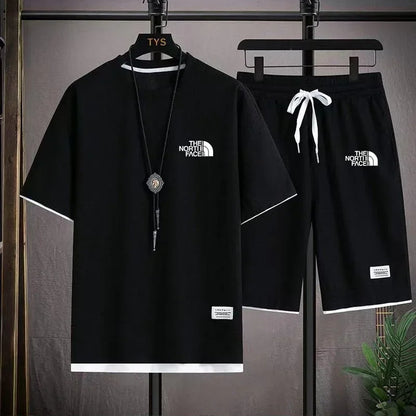 Set 2025 Summer Men's fashion breathable short-sleeved T-shirt + jogging Shorts two-piece fitness training suit Casual set - Ellianto fashion Men's