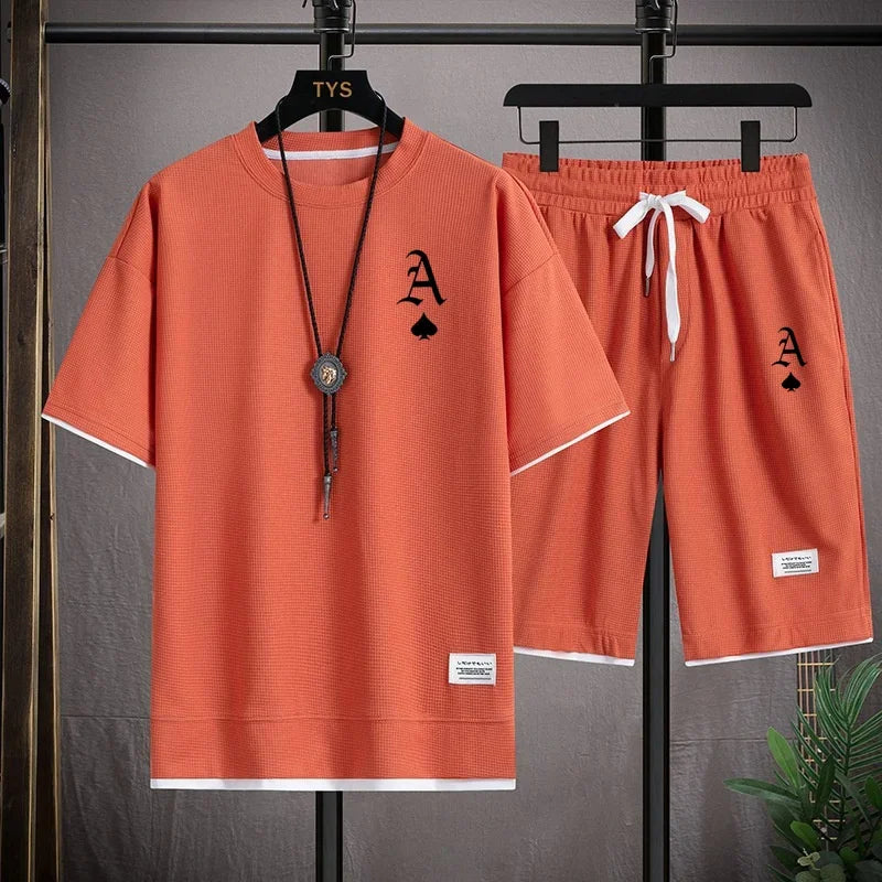 Set A stylish and casual men's sportswear set of short-sleeved T-shirt and summer sportswear shorts, a two-piece set for daily casua - Ellianto fashion Men's