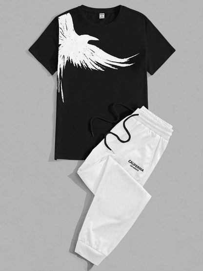 Set 2025 Simple Casual Men's T-shirt Short-sleeved Suit And Pants Fashion Eagle Print Pattern Sports And Leisure Two-piece Set - Ellianto fashion Men's