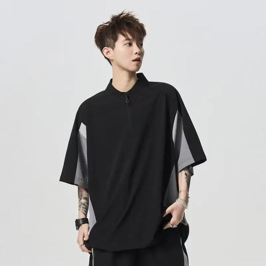 2025 New Men's Black Gray Color Blocked T-shirt Mountain Style Quick Drying Training Suit Fashionable Zipper Collar Sports Top - Ellianto fashion Men's