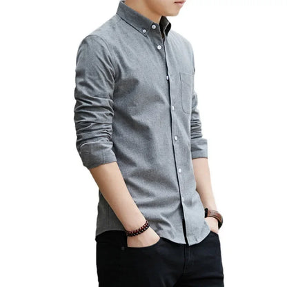 New Hot Sale Of The Season Men's Long Sleeve Oxford Cloth Casual Shirt Slim Fit Korean Style Shirt Comfortable Breathable Spring - Ellianto fashion Men's