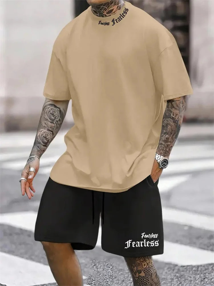 Men's Fearless Letter Print Short Sleeve T-Shirt and Shorts Matching Set Casual Office Wear Summer Holiday Loose 2PCS Outfits - Ellianto fashion Men's