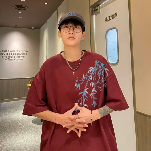 Men's Oversized T-shirts Mens Cotton T Shirt White 5XL Casual Summer Wear Fashion Bamboo Print Tee Shirts for Men Clothing - Ellianto fashion Men's
