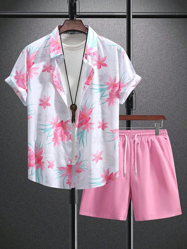 Set Hawaiian Coconut Tree Print Men's Shirt Summer Short Sleeve Tops Beach Shorts 2 Piece Sets Casual Vacation Style Outfit Clothing - Ellianto fashion Men's