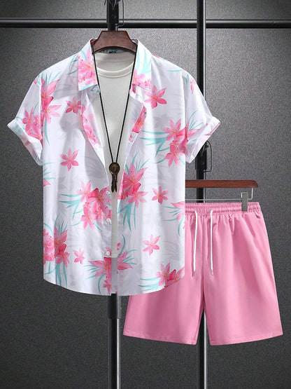 Set Hawaiian Coconut Tree Print Men's Shirt Summer Short Sleeve Tops Beach Shorts 2 Piece Sets Casual Vacation Style Outfit Clothing - Ellianto fashion Men's