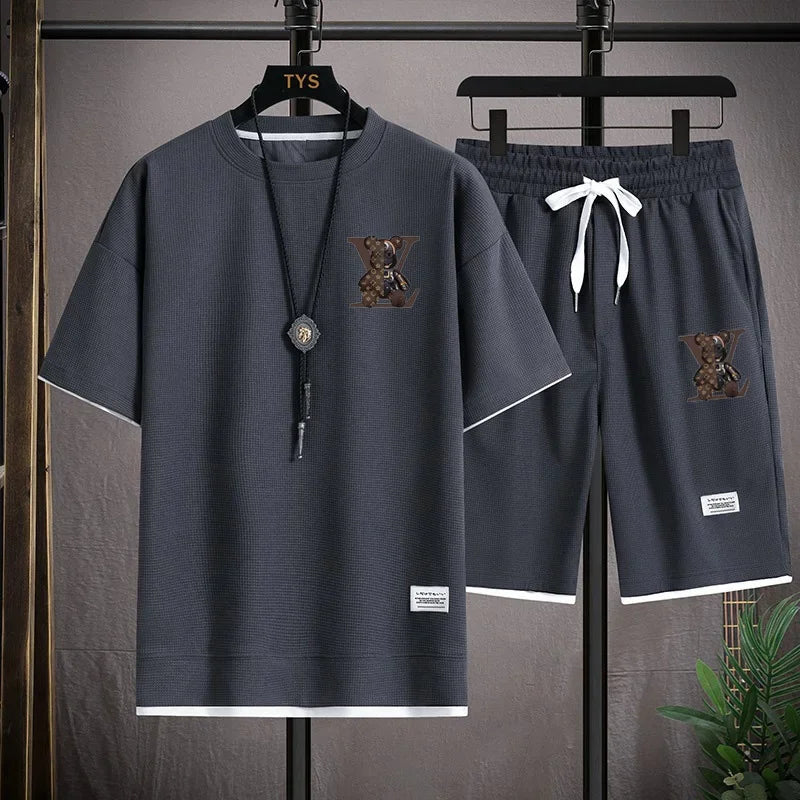 Set 2025 Summer Trend European and American men's sportswear Set: A brand-new outdoor jogging casual breathable short-sleeved T-shir - Ellianto fashion Men's