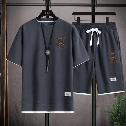 Set 2025 Summer Trend European and American men's sportswear Set: A brand-new outdoor jogging casual breathable short-sleeved T-shir - Ellianto fashion Men's