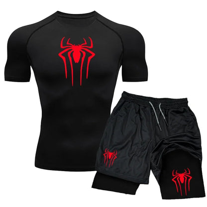 Men’s Spider-Print Compression Sports Set – Lightweight Quick-Dry Gym T-Shirt & Shorts for Effortless 2-Piece Training Comfort