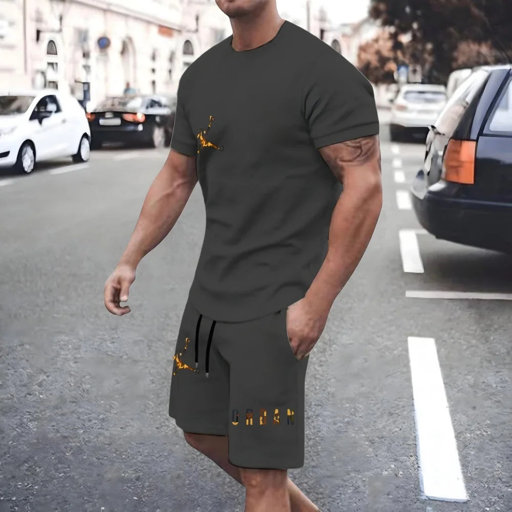 Set New Men's Fashionable Tracksuits Casual Clothing Summer Sports O-Neck Short-Sleeved T-Shirt & Drawstring Shorts Breathable Suit - Ellianto fashion Men's