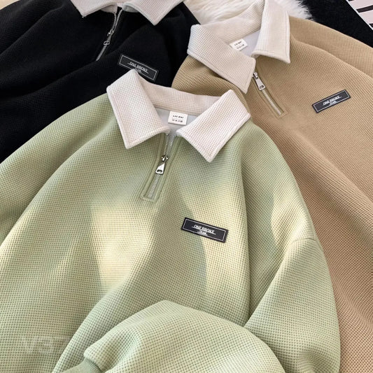 Men’s Polo Sweatshirt – Lightweight Spring-Autumn Lapel Top with Japanese Vintage Colour-Blocking, Preppy Style, and Loose-Fit Comfort