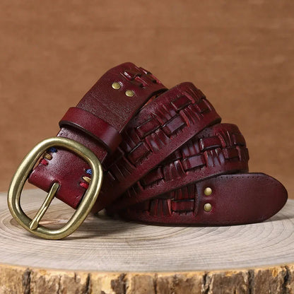 Premium Quality Leather Belt for Men, Handmade Braided Waistband with Retro Style Needle Buckle, First Layer Cowhide Woven Belt - Ellianto fashion Men's