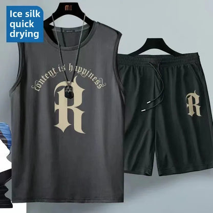 Ice Silk Men's Sports Set Quick Dry Basketball Uniform Summer Vest Shorts Gym Running One Piece Thin Male Fitness Outfit - Ellianto fashion Men's