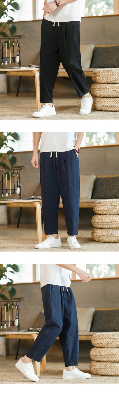 Men's Trousers Cotton Linen Fashion Casual Pants Solid Color Breathable Loose Shorts Straight Drawstring Pants Streetwear Men - Ellianto fashion Men's