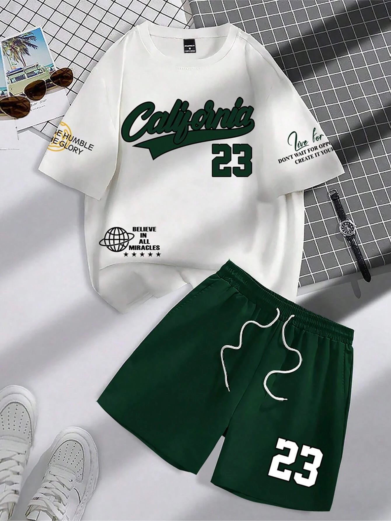 Set Summer Trend Men's Round Neck Short Sleeve Set Fashion Personalized Alphanumeric Print Round Neck T-shirt and Shorts Two Piece - Ellianto fashion Men's