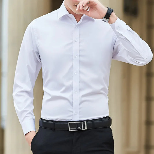 New Plus Size Men Solid Color Business Shirt Fashion Classic Basic Casual Slim White Long Sleeve Shirt Brand Clothes - Ellianto fashion Men's