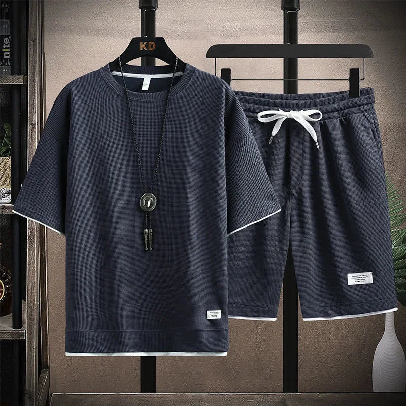 Casual Men's Sportswear Set Summer Short Sleeve Drawstring Shorts Loose Five-Quarter Pants Thin Male Outfit Two-Piece Suit - Ellianto fashion Men's