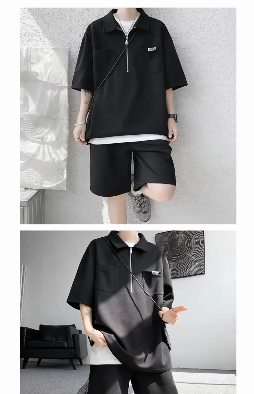 Ice Silk Short Sleeve Polo Shirt Men Summer Trendy Shorts Casual Sports Set Seven Half Zipper Comfortable Thin Male Clothing - Ellianto fashion Men's