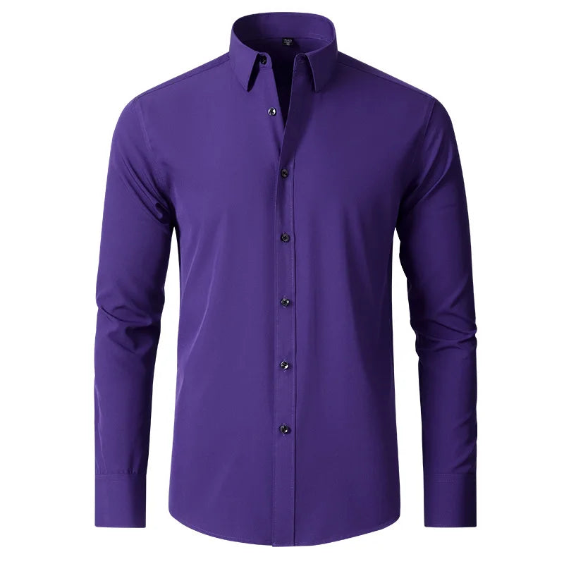 High Elasticity Seamless Spandex Shirt Men Long Sleeve Slim Fit Casual Solid Color Social Formal Dress Shirts 2025 - Ellianto fashion Men's