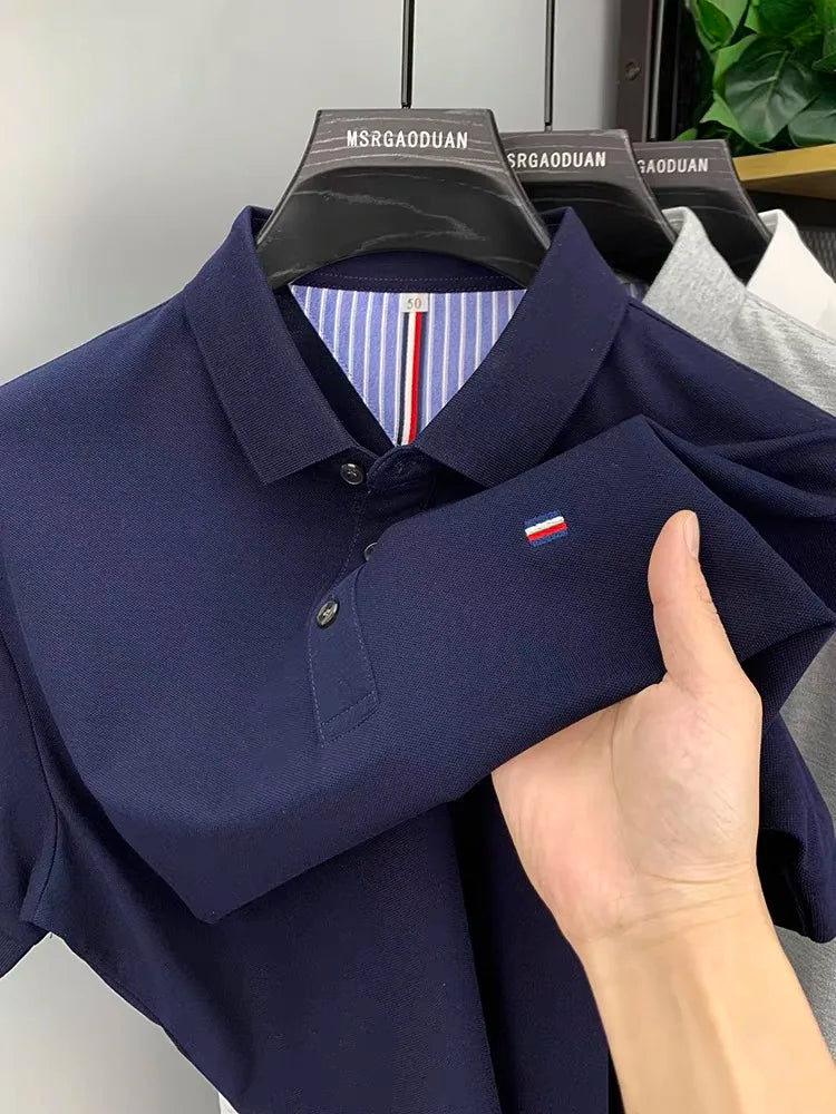 High end summer ice silk breathable short sleeve POLO shirt men's fashion brand classic embroidery business casual Paul T-shirt - Ellianto fashion Men's