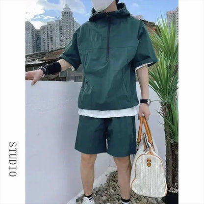 Summer Cargo Style Set Men's Casual Hooded Solid Short Sleeve T-shirt Shorts Loose Fashion High Quality Handsome Sweatshirt Suit - Ellianto fashion Men's