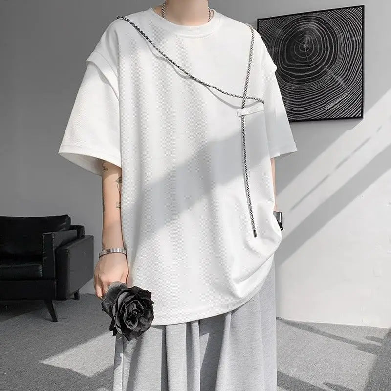 Fake Two-piece Short-sleeve T-shirt for Men New Summer Style American Retro High Street Trendy Brand Loose T-shirt - Ellianto fashion Men's