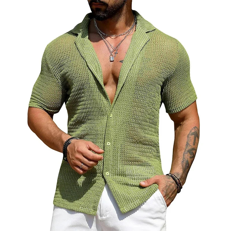 Sexy Hollow Out Breathable Knitted Shirt Men Summer Beach See Through Casual Shirts Mens Short Sleeve Button Solid Color Shirts - Ellianto fashion Men's