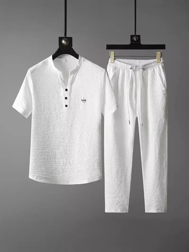 New 2025 Men's Slim Fit Short Sleeve Sportswear Set Casual Embroidered V-Neck Chinese Style Lightweight Two-Piece Suit - Ellianto fashion Men's