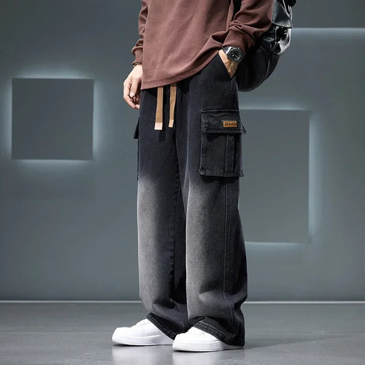 8XL Jeans New Wide Leg Washing Pants Men Trousers Neutral Solid Color Loose Casual Korean Fashion Pocket Plus Size Cargo Pant - Ellianto fashion Men's