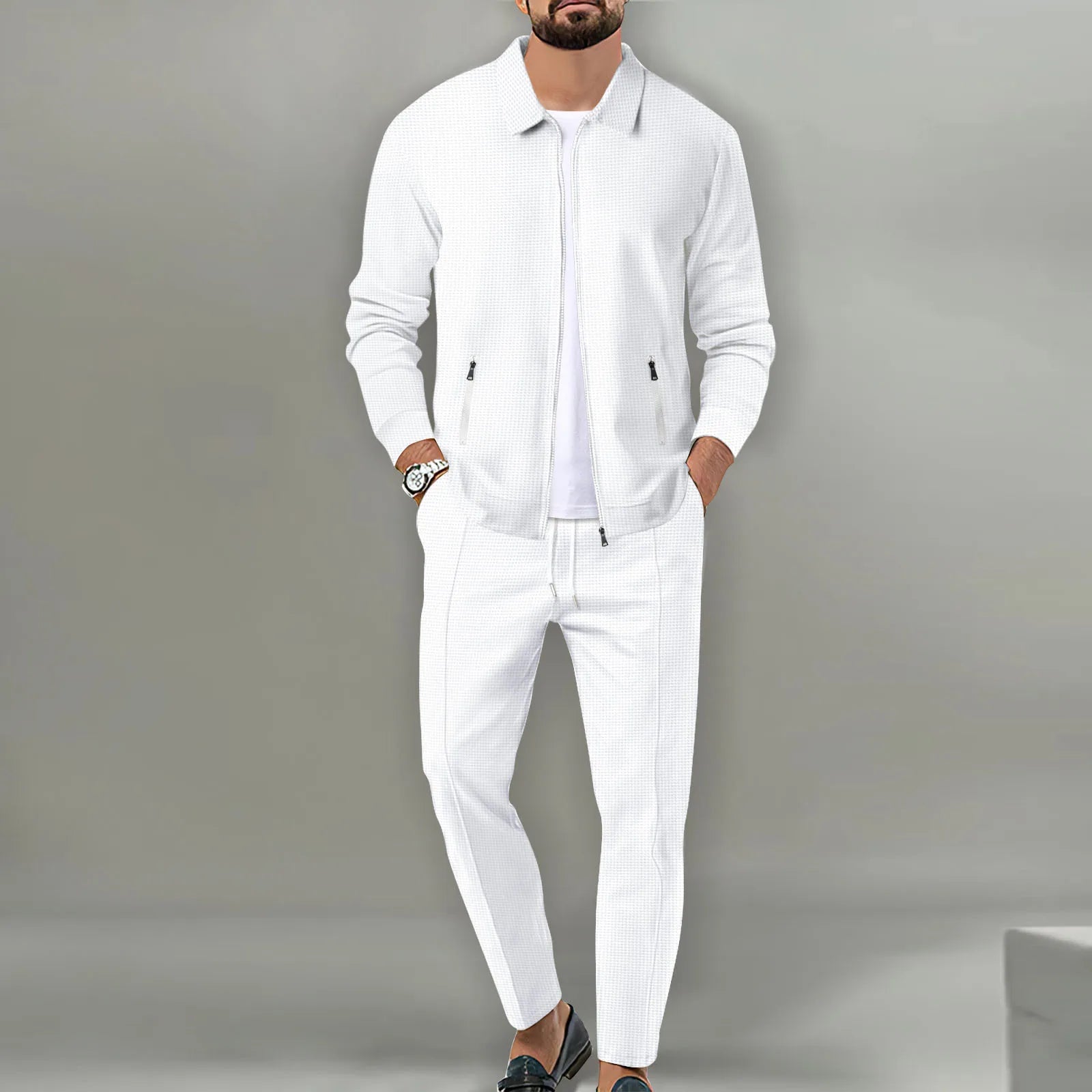 Set Autumnwinter men's casual blazer set new fashion Waffle baseball suit round neck pocket zipper long sleeve trousers two-piece se - Ellianto fashion Men's