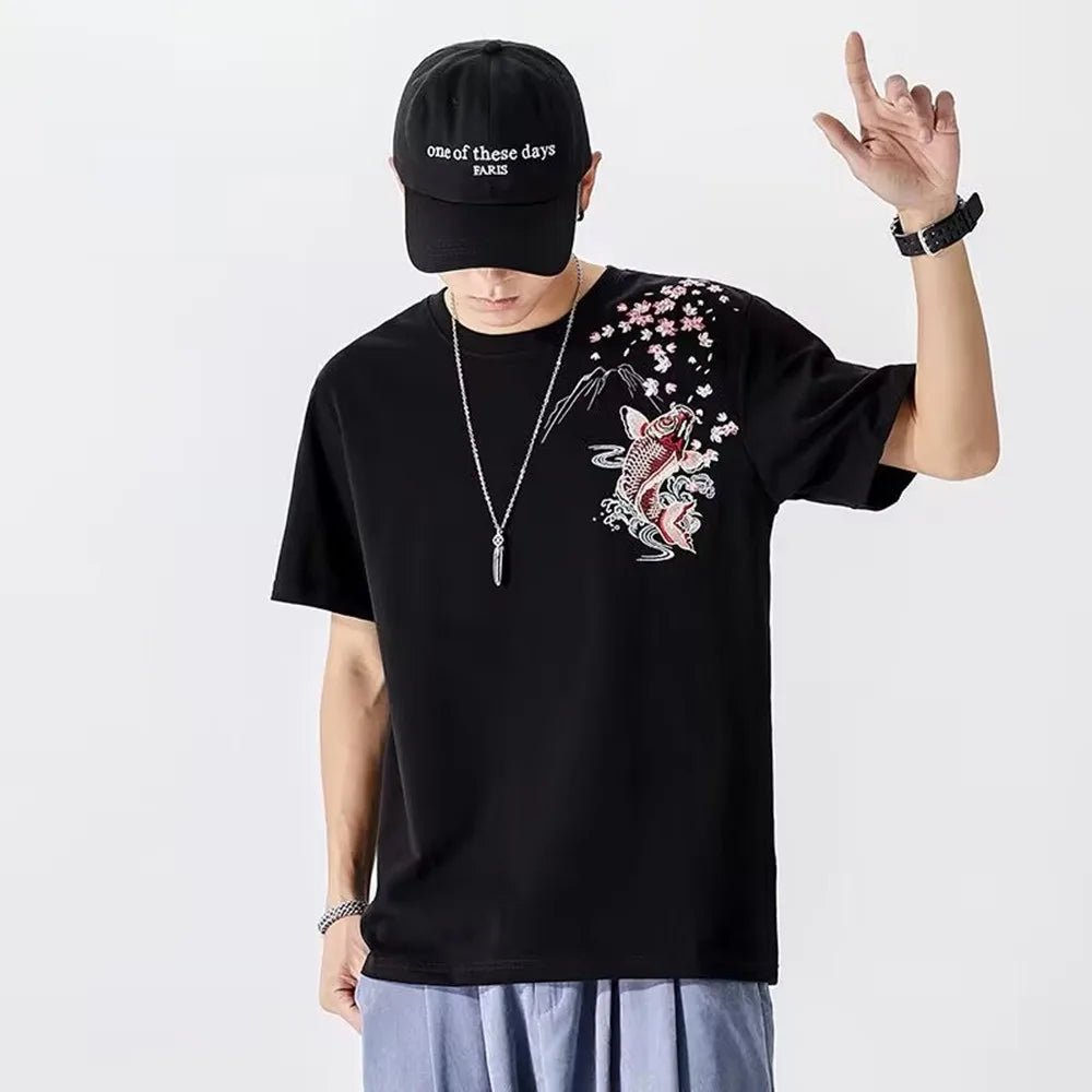 2025 Embroidered Koi Fish Cotton T-Shirt – Lightweight, Loose-Fit Summer Comfort and Effortless Casual Style for the Modern Gentleman