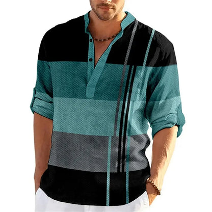 Men's Striped Color Block 3D Print Henley Shirts Fashion Streetwear Stand Collar Long Sleeve Shirt Male Tops Blouse Man Clothing - Ellianto fashion Men's