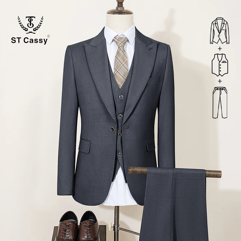 ST Cassy High Quality Men's Suit Summer thin Green Slim Fit Formal Business Office Men's Suits（jacket+Vest+Pants） - Ellianto fashion Men's