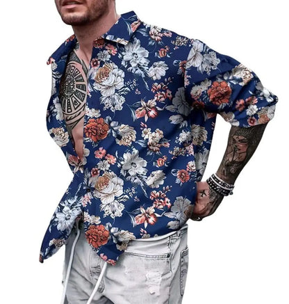 Men’s 3D Floral Print Long-Sleeve Shirt – Effortless Style and Lightweight Comfort for Parties, Beach Holidays, and Everyday Elegance