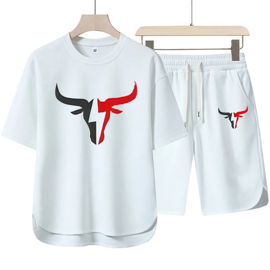 Set 2025 New European and American men's Summer Casual cotton and linen European size short-sleeved shirt + jogging sports shorts 2- - Ellianto fashion Men's