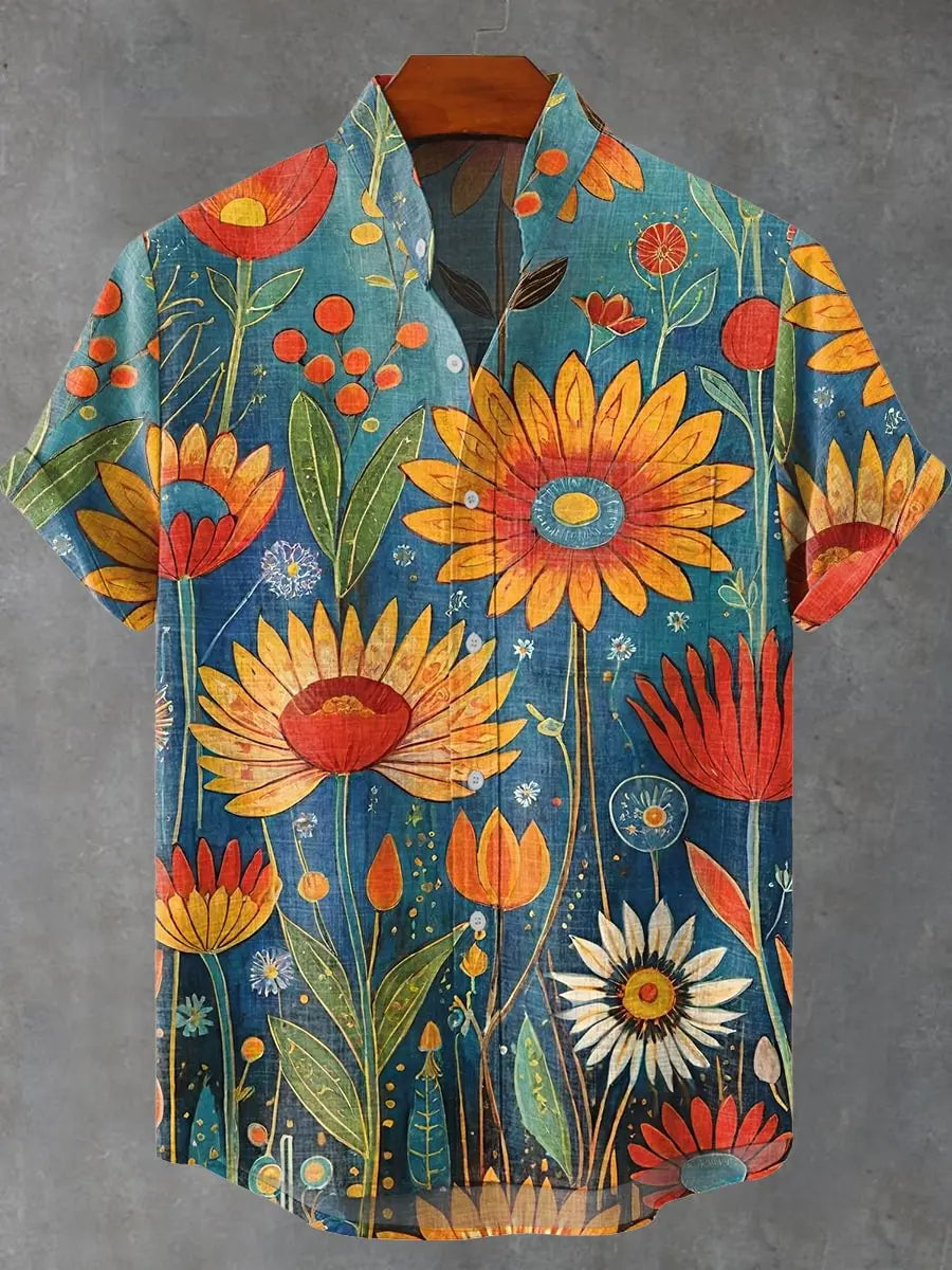 Hawaiian Men's Linen Short Sleeve Shirt Folk Flower Pattern Harajuku Street Clothing Holiday Casual Top - Ellianto fashion Men's
