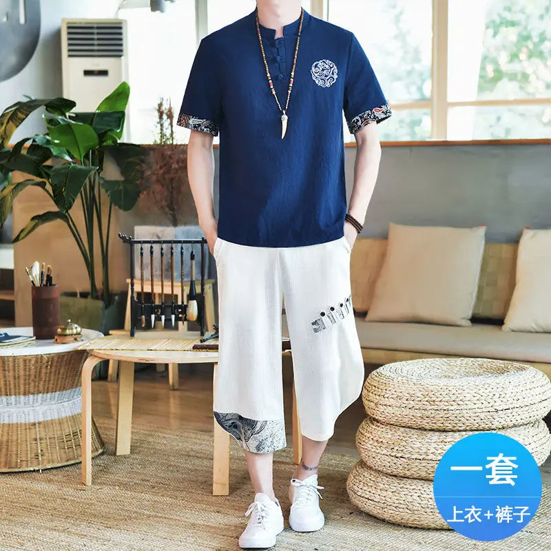 Set Men's Linen Short-Sleeve T-Shirt Summer Style Set Loose Cotton-Linen Retro Embroidered Top Two-Piece Set - Ellianto fashion Men's