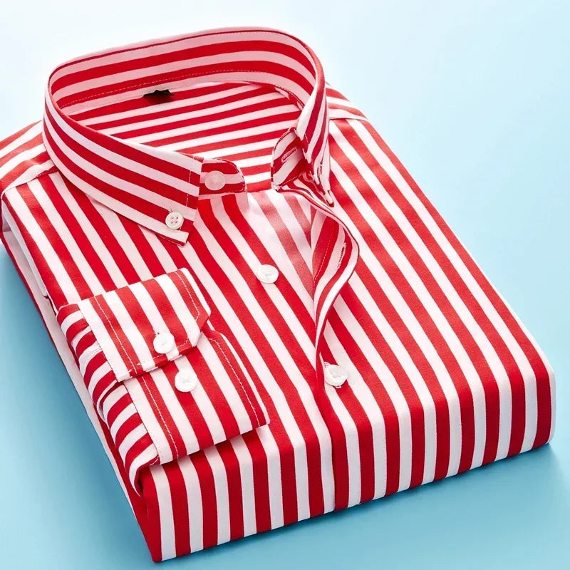 Men's Long Sleeve Blue White Striped Shirt Dress Fashion Standard-fit Button Down Shirts Blouse Men Hip-hop Streetwear Camisas - Ellianto fashion Men's