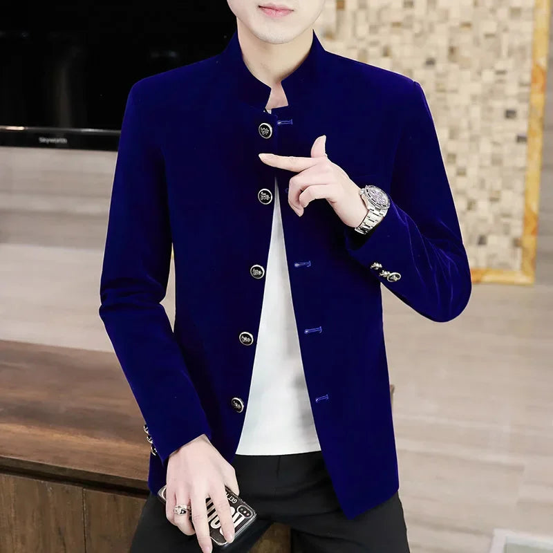 HOO 2025 New Men's Autumn Stand Collar blazer Youth Velveteen Multi-Button blazers - Ellianto fashion Men's