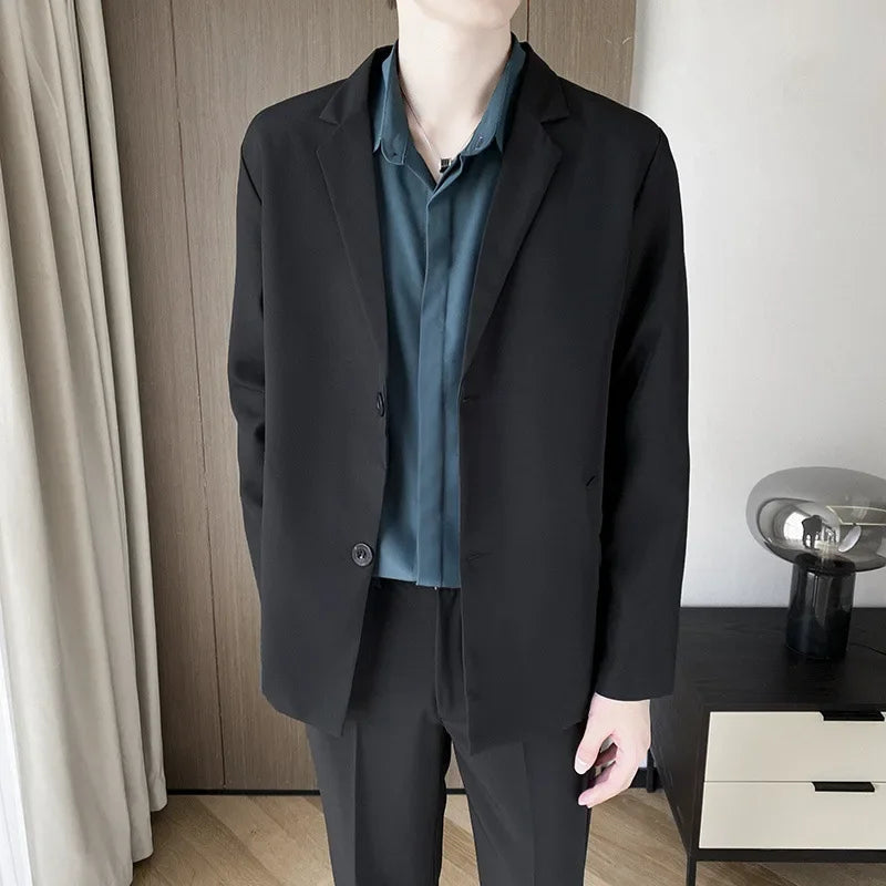Casual Black Single-Breasted Men's Suit Jacket Korean Trendy Brand Business Spring Autumn Fashionable Small-Sized Menswear - Ellianto fashion Men's