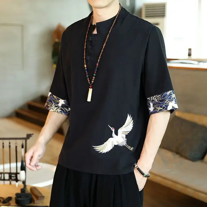 Men’s Chinese-Style Summer Cotton-Linen Short-Sleeve Shirt – Lightweight Comfort with Elegant Embroidered Crane Design for the Modern Gentleman