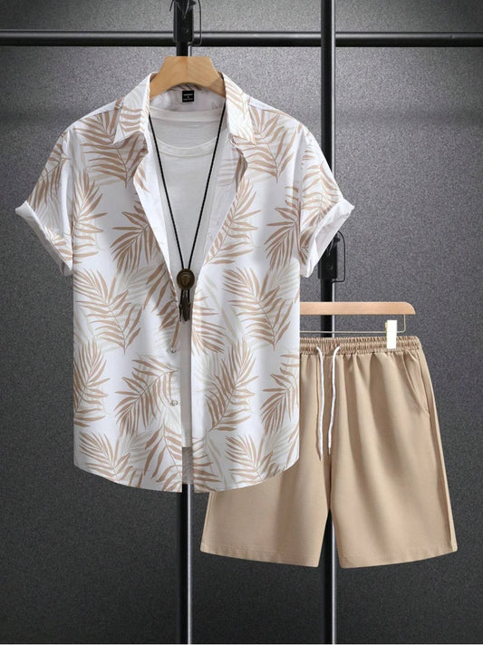 Set Summer Fashion Men's Suit Elegant Plant Printing Pattern Short-sleeved Lapel Shirt And Drawstring Shorts Leisure Two-piece Suit - Ellianto fashion Men's