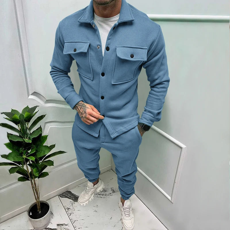 Men's casual overalls jacket and pants suit for fall/winter outdoor vacation American style men's fashion suede 2 piece set - Ellianto fashion Men's
