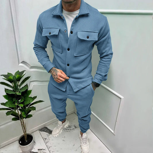 Men's casual overalls jacket and pants suit for fall/winter outdoor vacation American style men's fashion suede 2 piece set - Ellianto fashion Men's