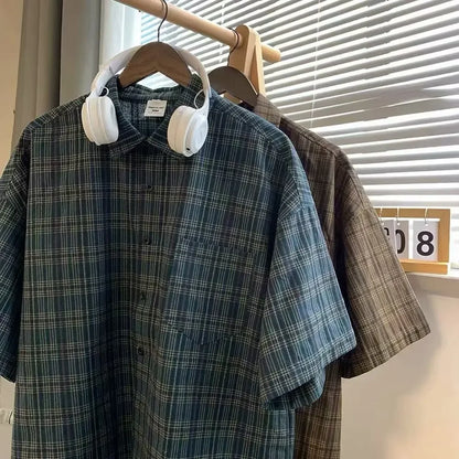 Japanese Vintage Plaid Short-Sleeve Shirt – Loose-Fit Comfort with High-End Streetwear Elegance for the Modern Gentleman