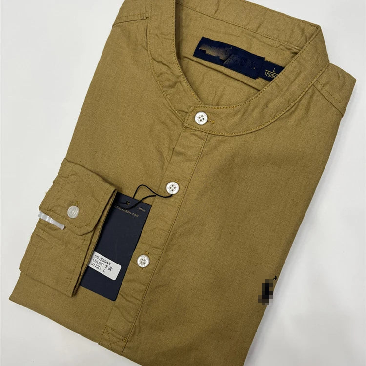 Spring Autumn Men's Linen Cotton Color Simple Embroidery Label Slim Long Sve irt Busin Casual Stand Collar irt - Ellianto fashion Men's