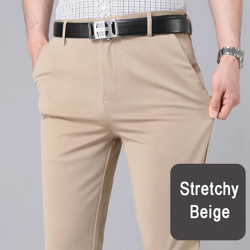 Male Smart Casual Pants Stretchy Sports Men's Fast Dry Trousers Spring Autumn Full Length Straight Office Black Navy Work Pants - Ellianto fashion Men's