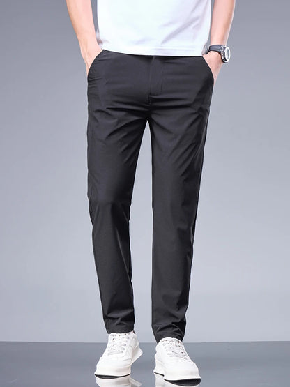 Summer New Business Ice Silk Pants Straight Elastic Waist Black Gray Trousers Breathable Simple Male Clothing Casual Suit Pants - Ellianto fashion Men's