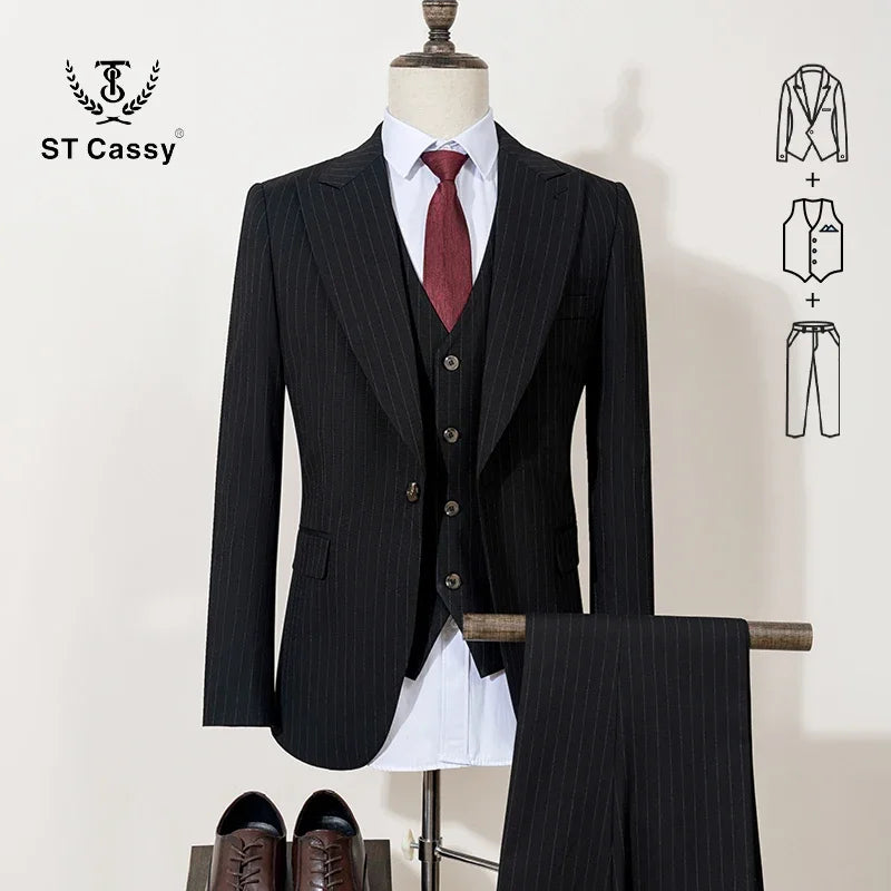 ST Cassy high-quality khaki striped suit slim fit luxurious and elegant men's business suit wedding fashion clothing 3-piece set - Ellianto fashion Men's