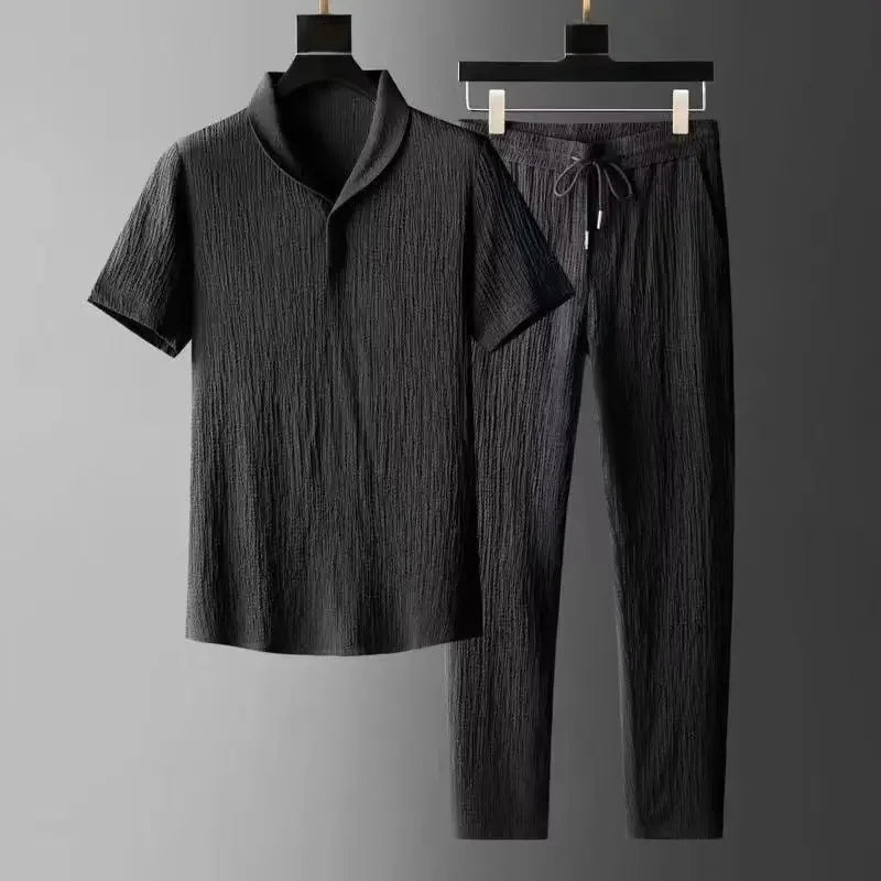 Summer Men's Casual Thin Collar Two-Piece Suit Full Set Fashionable Lightweight Breathable Comfortable Male Clothing Ensemble - Ellianto fashion Men's